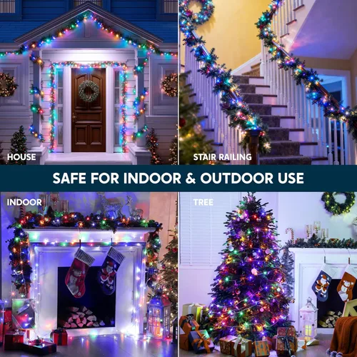 Vista 8 de JOYIN 200 luces LED de Navidad multicolor, 8 modos de luces de árbol de Navidad enchufables, luces parpadeantes de hadas conectables de 66 pies