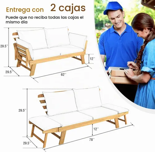 Vista 3 de Tangkula Sofá Cama Convertible de Madera de Acacia para Patio con Reposabrazos Ajustable, Sofá Cama de Exterior con Cojín y Almohadas, Banco Sofá