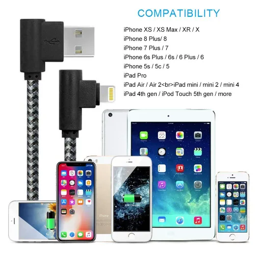 Vista 8 de Cargador para iPhone de 1 pie, certificado MFi, cable Lightning trenzado, cable de carga de codo de 90 grados, compatible con iPhone 14 13 12 11 Pro