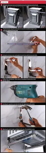 Vista 7 de Estante para horno de microondas de acero inoxidable, soporte de montaje en pared plegable retráctil con dos ganchos