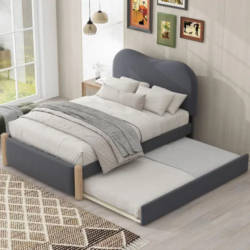 Vista 26 de Cama de plataforma tapizada de tamaño individual con cabecero en forma de oso y rayas de luz incrustadas, bonito marco de cama de plataforma