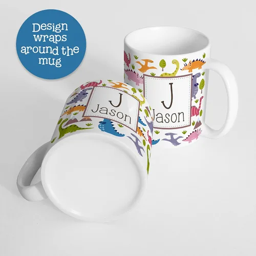 Vista 2 de Taza personalizada de dinosaurio para niños, con nombre e inicial, polímero ligero