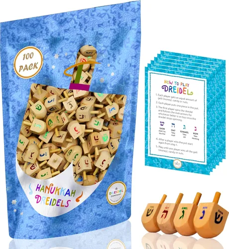 Vista 6 de Paquete de 10 Dreidels Hanukkah Draydel de madera natural con tarjetas de transliteración e instrucciones en inglés