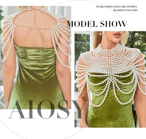 Vista 3 de Collar de chal de cadena de cuerpo de perlas, sujetador de perlas, cadena de hombro con cuentas sin espalda, cadenas en el pecho, traje rave