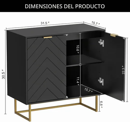 Vista 2 de Aparador moderno de 31 pulgadas con almacenamiento para sala de estar, negro y dorado