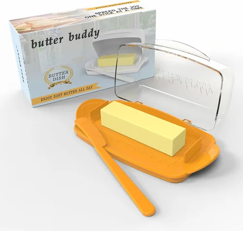 Vista 15 de Mantequilleras con tapa para encimera y refrigerador, plato de mantequilla de plástico transparente con tapa abatible y esparcidor, recipiente