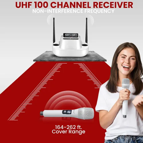 Vista 5 de Pyle Sistema de micrófono inalámbrico UHF - Receptor Bluetooth con 2 micrófonos de mano recargables, baterías de 1200 mAh, sonido claro