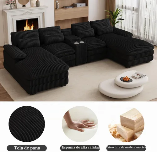 Vista 4 de Sofá modular en forma de U de 132 pulgadas, sofá modular para sala de estar, sofá moderno de pana de felpa de gran tamaño con consola central Negro