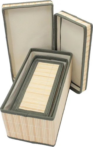 Vista 4 de Seta Direct, Caja de almacenamiento rectangular larga decorativa de bambú beige natural con borde verde con tapa [juego de 3 anidados]