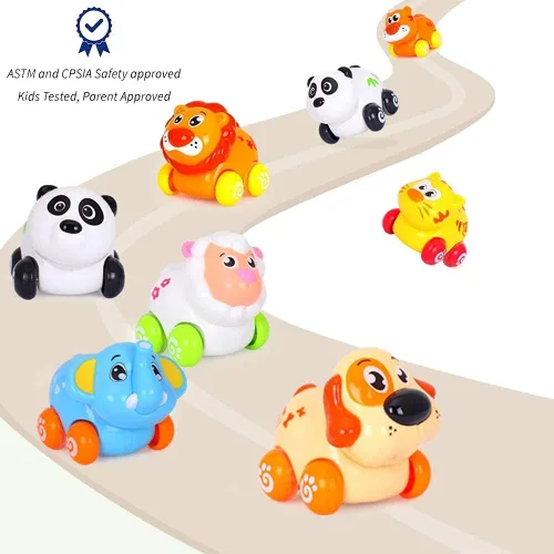 Vista 4 de Liberty Imports Juego de 8 piezas de animales de dibujos animados de juguete de fricción para bebés y niños pequeños Lindos mini vehículos