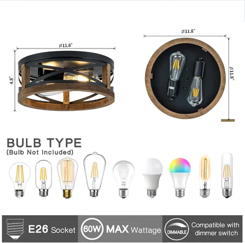 Vista 6 de Lámpara de Techo Estilo Granja, Lámpara de Techo Empotrada Redonda de 2 Luces con Marco de Madera y Metal, Luminaria Rústica Negra para Pasillo