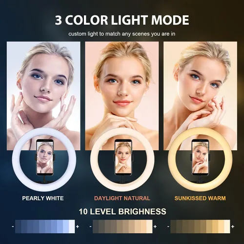 Vista 2 de Anillo de luz con soporte y soporte para teléfono, anillo de luz LED para selfie de 10 pulgadas con trípode (17 a 73 pulgadas) con control remoto
