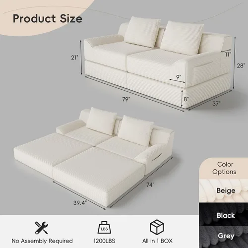 Vista 3 de Sofá cama convertible, sofá de 79 pulgadas sin huesos, sofá cama de corduroy, sofá chaise doble extragrande, futón en nube, sofá modular de piso