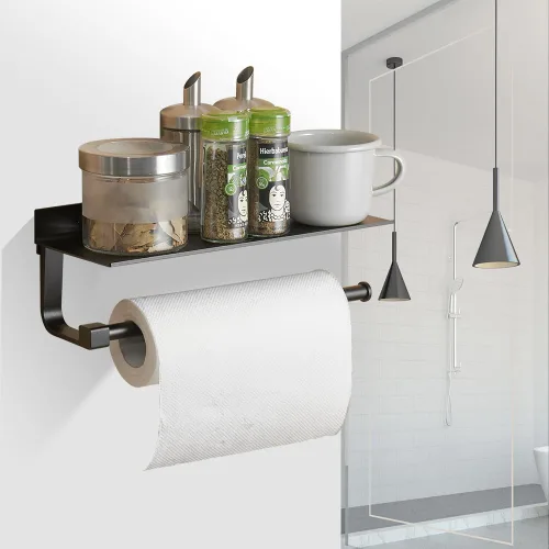 Vista 6 de BESy Soporte adhesivo para toallas de papel montado en la pared para cocina de 13 pulgadas, colgador de rollo de papel de baño con estante
