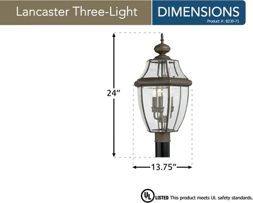 Vista 2 de Generation Lighting 8239-71 Lancaster Tradicional de tres luces para exteriores con poste de luz exterior, acabado de bronce antiguo, 1 luz, listado