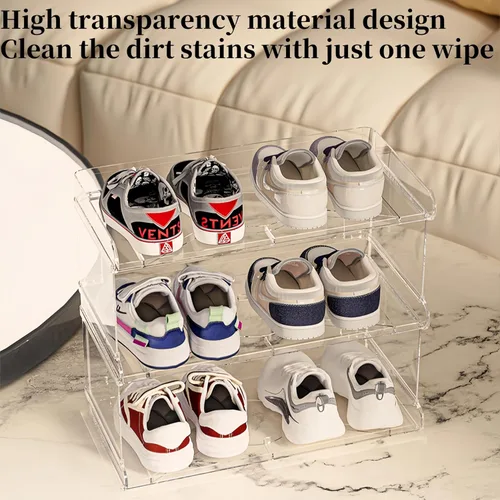 Vista 4 de Zapatero acrílico de 2 niveles para niños, organizador de zapatos para zapatos y botas, estante transparente para zapatos para armario, organizador