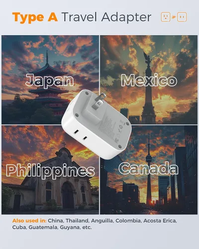 Vista 2 de TESSAN - Adaptador de enchufe de EE. UU. a Japón PD 20W, adaptador de 2 clavijas a 3 clavijas