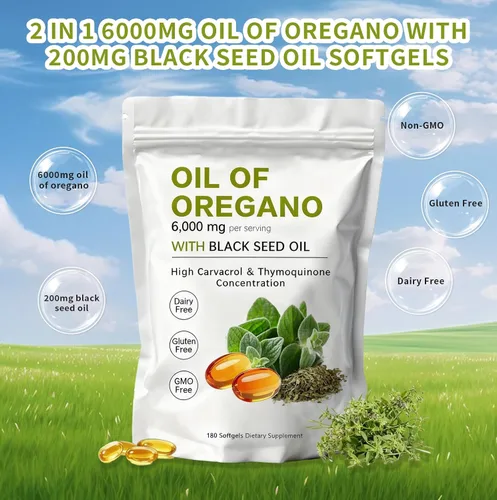 Vista 4 de Cápsulas blandas de aceite de orégano – Aceite de orégano con aceite de semilla negra de 6000 mg Aceite de orégano 2 en 1 Sin OMG – Sin gluten