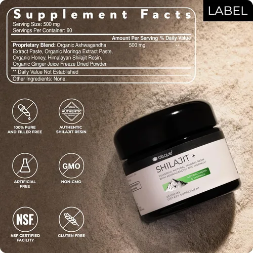Vista 6 de Blisque - Suplemento de resina Shilajit orgánica pura del Himalaya con Ashwagandha y Moringa orgánica Auténtico y natural Grado dorado A