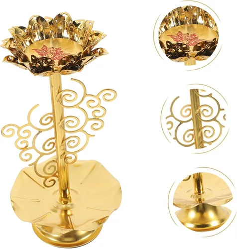 Vista 8 de Garneck 2 portavelas Diwali, portavelas budista Ghee, candelabro de aleación con base de loto, lámpara de flor de loto para oración/meditación (M)