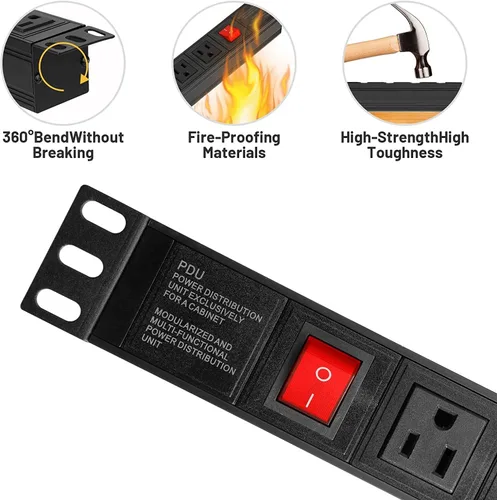 Vista 3 de BTU Regleta protectora contra sobretensiones para montaje en bastidor, 8 salidas en ángulo recto de gran espacio, regleta de alimentación montable