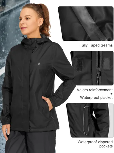 Vista 4 de Little Donkey Andy Women's Packable Waterproof Hooded Rain Jacket Negro