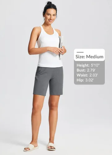 Vista 5 de BALEAF Bermudas de 8 pulgadas para mujer, pantalones cortos deportivos largos de algodón, con control de abdomen, estilo casual, para descansar