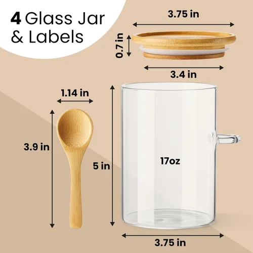 Vista 3 de Talented Kitchen Recipientes de vidrio para almacenamiento de alimentos con tapas, paquete de 4 unidades de vidrio de 17 onzas, tarros de cocina