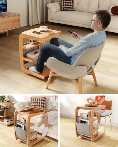 Vista 7 de AQIMUELE Mesa auxiliar de madera en forma de C, escritorio de sofá con 2 ruedas con cerradura, mesa de sofá de 4 niveles con bolsa de Natural