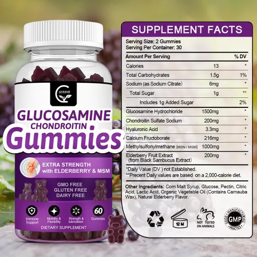 Vista 2 de GORNVB Gomitas de condroitina de glucosamina con MSM y saúco – Soporte de movilidad y flexibilidad extra fuerte, suplemento inmunológico
