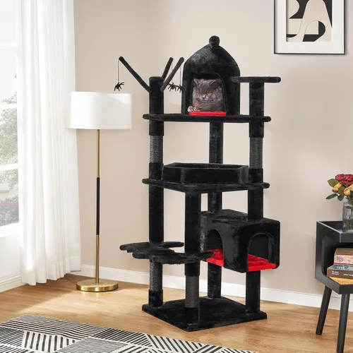 Vista 8 de BEWISHOME Árbol para gatos resistente, 63 pulgadas, árboles para gatos grandes, torre gótica para gatos con cama de ataúd, casas para gatos