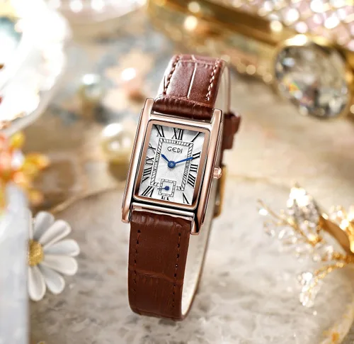 Vista 3 de FANMIS Womens Vintage Rectangular Watches Rose Gold Case Roman Numeral Luxury Wristwatch Square Brown Leather Strap Watch
