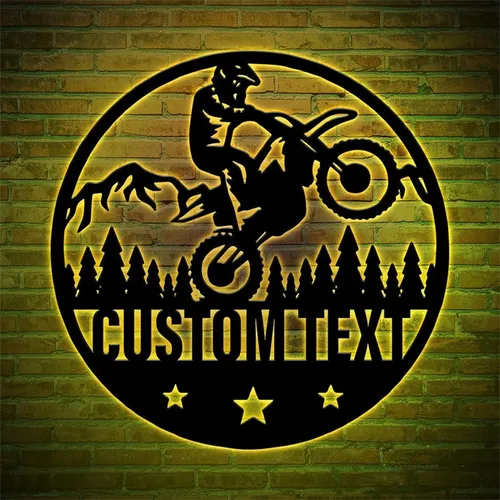 Vista 6 de Arte de pared de metal personalizado para motocicleta con luz LED, regalos para el día del padre, regalos de moto de cross para niños y hombres