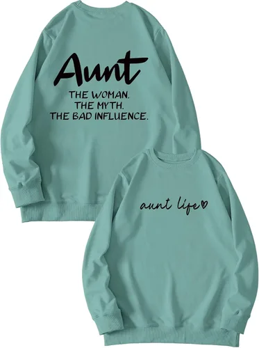 Vista 2 de BOYRMSLGY Funny Aunt Life Sweatshirt for Women The Woman The Myth The Bad Influence Letter Print Pullover Casual Auntie Shirt