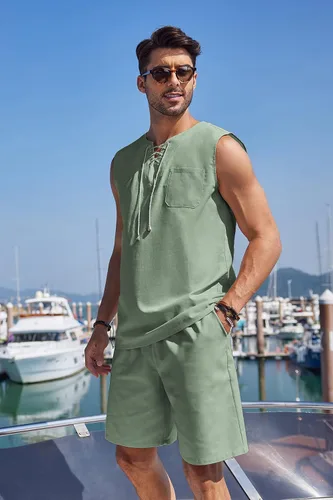 Vista 2 de COOFANDY Men Linen Sets Outfit Yoga Kilt Renaissance Medieval Viking Pirate Set
