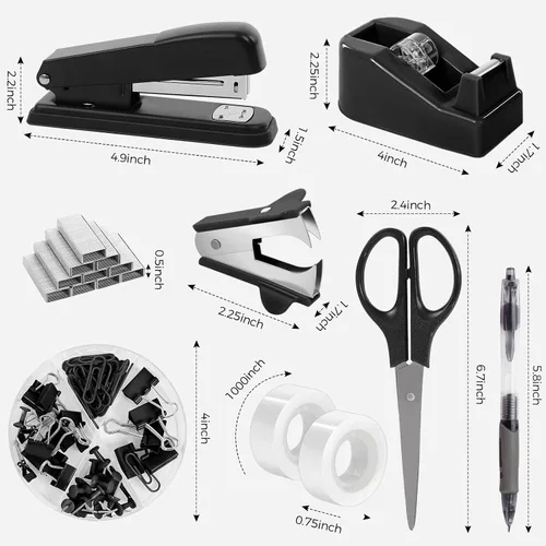 Vista 7 de SKYDUE Juego de suministros de oficina negros, accesorios de escritorio negros, grapadora, dispensador de cinta, tijeras, carpeta/clips de papel
