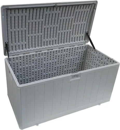 Vista 5 de Plastic Development Group Caja de almacenamiento al aire libre, cierre estándar, 73 galones, gris