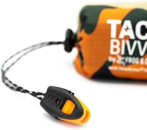 Vista 4 de Survival Frog Tact Bivvy 2.0 - Saco de dormir de emergencia con bolsa de transporte, mosquetón, silbato de supervivencia, ParaTinder, compacto