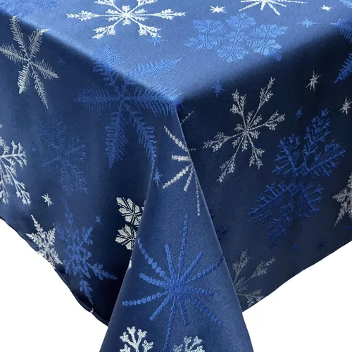 Vista 5 de Camino de mesa tejido jacquard metálico con copos de nieve azul navideño (corredor de 14" x 72")