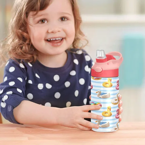Vista 7 de ALAZA Flamingo Swan Circlen - Botellas de agua para niños con tapas y pajilla, botellas de agua de acero inoxidable con aislamiento de doble pared