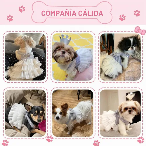 Vista 4 de Vestidos para Perros, Ropa de Mascota a la Moda, Vestidos de Princesa para Cachorros con Rayas y Malla (Azul, XS)