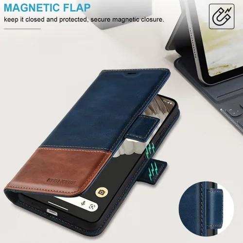 Vista 5 de KEZiHOME Funda para Google Pixel 8, piel auténtica [bloqueo RFID] Funda tipo cartera con tarjetero y función atril con función atril para Google
