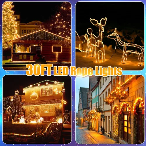 Vista 4 de Cuerda de luces LED para exteriores, impermeables, conectables, de 30 pies, color blanco cálido, luces de Navidad para el hogar, jardín, patio