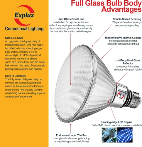 Vista 3 de Explux - Bombilla LED PAR38 equivalente a 300 W, ultra brillante, 4100 lúmenes, vidrio completo impermeable y antienvejecimiento, no regulable, foco
