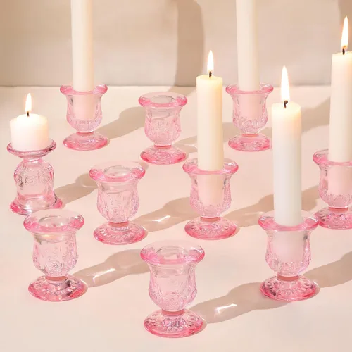 Vista 9 de 10 piezas Portavelas Azules, Portavelas de Vidrio para Velas Cónicas para Decoración de Centro de Mesa, Boda, Cumpleaños, Regalo