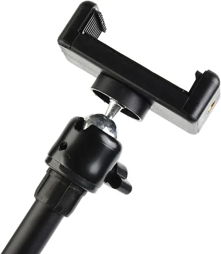 Vista 4 de Soporte de micrófono giratorio con clip de micrófono y soporte para teléfono, soporte de extensión de 21.7 in para montaje en trípode, ajustable