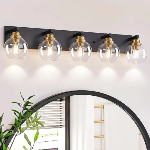 Vista 14 de LmnLvn Lámparas de baño, 3 luces de tocador de color negro mate, modernas lámparas de baño sobre espejo, luces de tocador de granja con pantalla