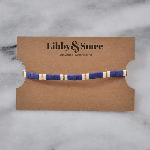 Vista 2 de Navy Blue 7 inch Tile Beaded Stretch Bracelet with Nautical Gold Tila Beads