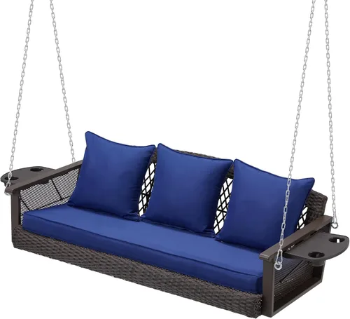 Vista 11 de HOMREST Columpio de mimbre para porche para 3 personas con portavasos mejorado, silla colgante de 56 pulgadas con cojines, columpio al aire libre