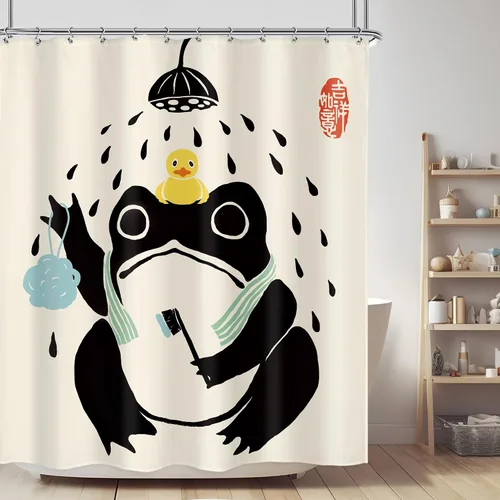Vista 32 de Juego Divertido de Cortina de Rana Retro para Ducha, Juego de Baño 48x71 Pulgadas, Estilo Asiático Lindo, Arte Japonés Tradicional de Pato de Goma